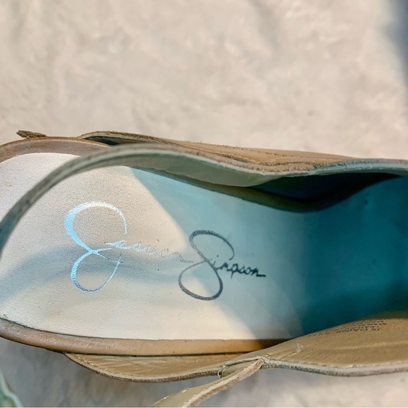 Jessica Simpson Pumps Sz 9.5 Daine Leather Tan Camel Open-Toe High Heels Straps - Picture 14 of 16